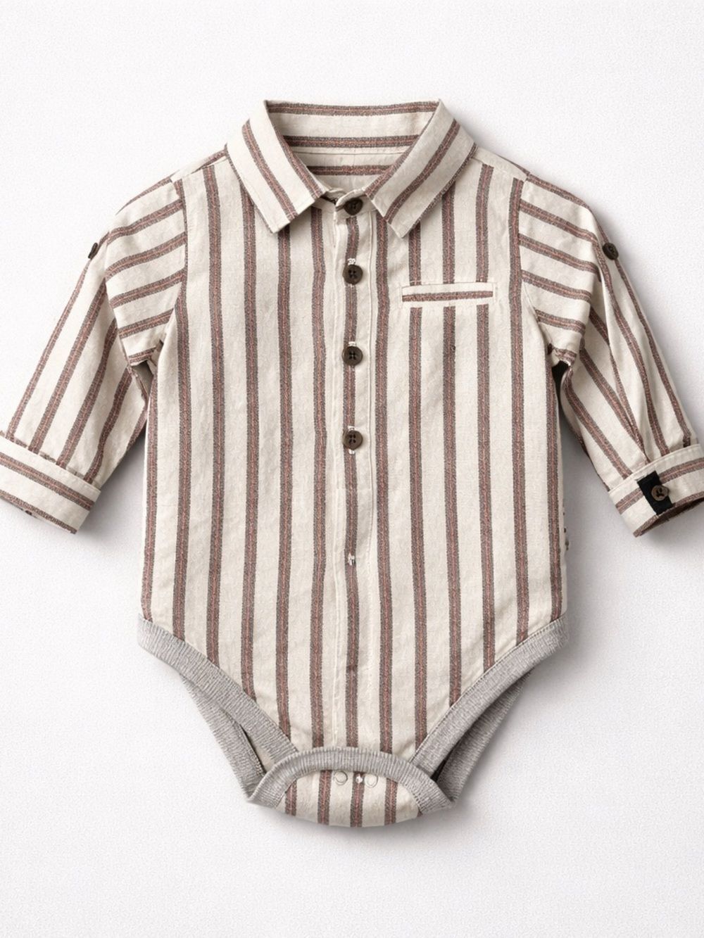 Me & Henry tan and Grey stripe woven shirt bodysuit size 3-6 months